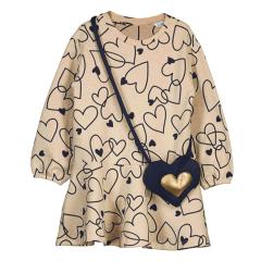 Mayoral Mädchen Langarm-Kleid mit "Herz"-Alloverprint und Umhängetasche - beige - 4931 