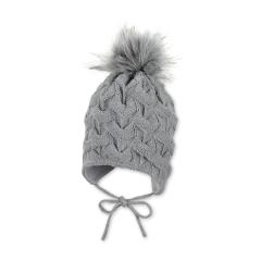 Kinder Mädchen Wintermüze Strickmütze zum Binden mit Bommel gemustert, silber - 4702153 