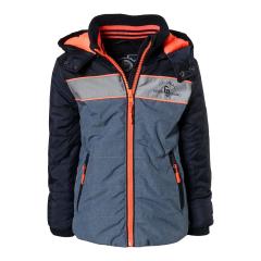 Jungen Winterjacke gefüttert reflektierend mit Kapzue, Reißverschluss, hohem Kragen, Reißverschluss und "reflektierenden Streifen mit Schriftzug"-Motiv, dunkelblau - 39505, Größe 128 128 | blau-meliert | 
