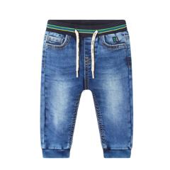 Baby Jungen Jogger Hose lang soft denim, elastischer Bund, Bänder verstellbar, 5 Taschen, Bund gestreift, einfarbig, jeansblau - 1.510 