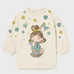 Mayoral Baby-Mädchenkleid mit großem Druckmotiv "Mädchen mit Katze", cremeweiß -  2922 