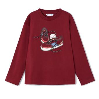 Mayoral Jungen Langarmshirt mit Frontprint "Schuhe" mit Schnürsenkel-Applikation, 100% Baumwolle, rot - 4040 