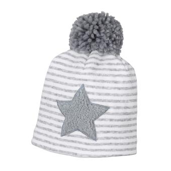 Mädchen Mütze Beanie Wintermütze gefüttert, gestreift, Bommel, Stern mit Fellbesatz, grau - 4611801 