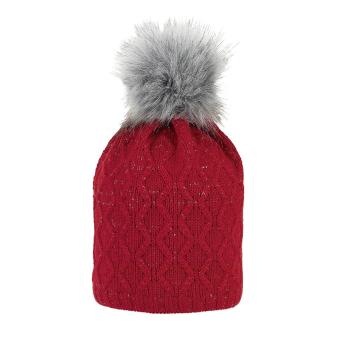 Mädchen Strickmütze mit Kunstpelz-Bommel und Baumwollfleece gefüttert einfarbig „Glanz“, rot – 4722019 