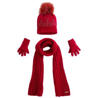 Mädchen 3 teiliges Winterset Schal, Mütze, Handschuhe Fellbommel Glitzer, rot - 10292 