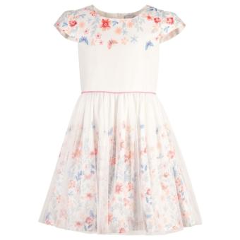 Mädchen Kleid kurzarm, bedruckt "Blumen und Schmetterlinge", Reißverschluss, Tütü, 100% Baumwolle, beige - 524137 