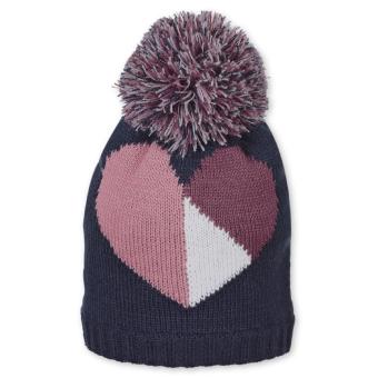 Mädchen Strickmütze Wintermütze mit Microfleece und Bommel, marineblau rosa - 4701926 