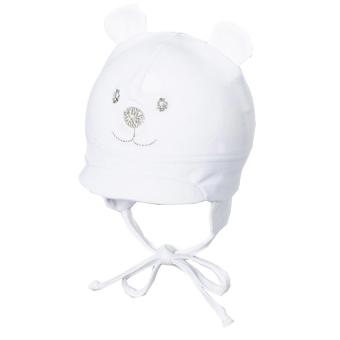Baby Mädchen und Jungen Unisex Schirmmütze, Erstlingsmütze, Ohrenklappen, zum binden, Bindeband, gefüttert, Singlejersey, 3D Ohren, gesticktes Tiergesicht, weiß - 4001466-weiss 