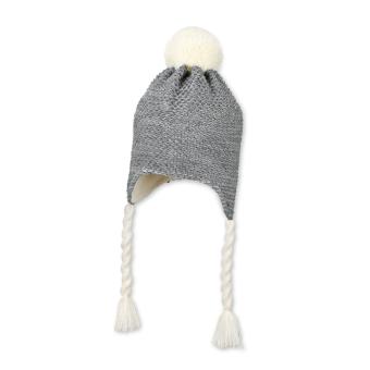 Mädchen Wintermütze Chullo Strickmütze aus Baumwollflecce mit Bommel und Bindebänder (Kordeln) geflochtenen gemustert, beige - 4722131 