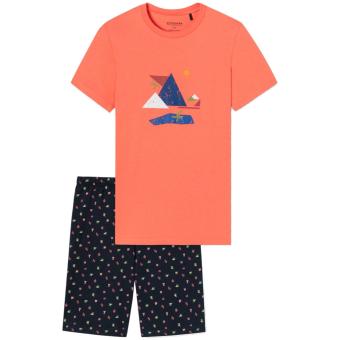 Jungen Schlafanzug kurz Sommer, T-shirt bedruckt "Grafisches Muster", Hose bedruckt "Sportler-Motive", Single-Jersey, orange -  176633 