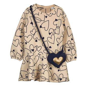 Mayoral Mädchen Langarm-Kleid mit "Herz"-Alloverprint und Umhängetasche - beige - 4931 