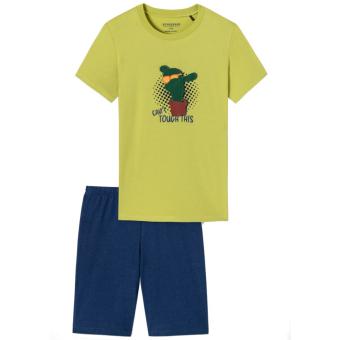 Jungen Schlafanzug kurz Sommer, T-shirt bedruckt "Kaktus", Hose einfarbig, Single-Jersey, limette - 176636 