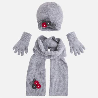 Mädchen 3 teiliges Winterset Schal, Mütze, Handschuhe Aufnäher Glitzer, grau - 10291 