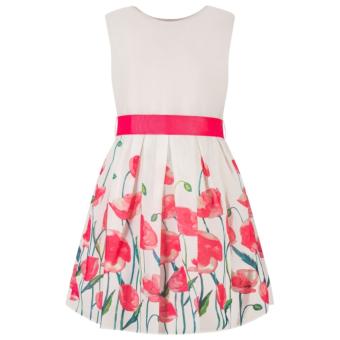 Mädchen Kleid kurzarm, bedruckt "Blumen", abnehmbarer Gürtel mit Schleife, 100% Polyester, weiß - 524139 