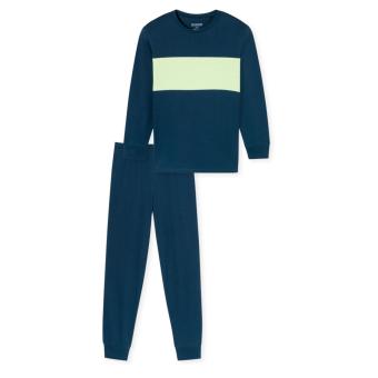 Schiesser Jungen Schlafanzug lang  mit Bündchen mit breitem Streifen aus 100% Baumwolle, blau - 182306 