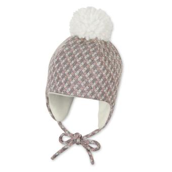 Baby Mädchen Wintermüze aus Baumwollfleece zum Binden gefüttert mit Bommel kariert, rosa - 4402132 