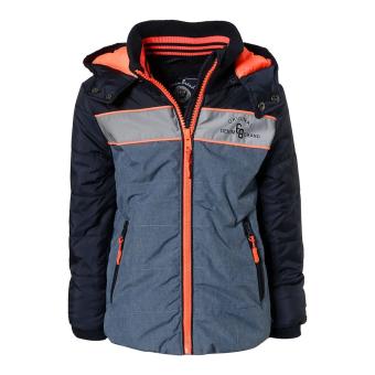 Jungen Winterjacke gefüttert reflektierend mit Kapzue, Reißverschluss, hohem Kragen, Reißverschluss und "reflektierenden Streifen mit Schriftzug"-Motiv, dunkelblau - 39505, Größe 128 128 | blau-meliert | 