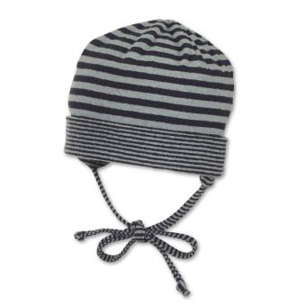 Baby Jungen Beanie mit Baumwollfutter zum Binden Mütze gefüttert gestreift, marineblau grau - 4501900 