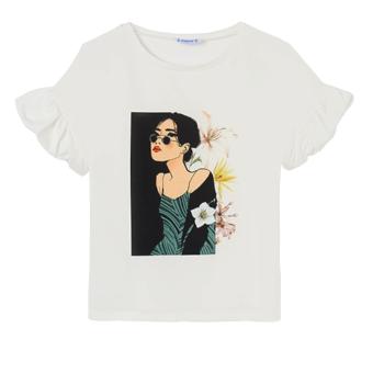 Mädchen T-shirt kurzarm, bedruckt "Frau mit Blumen", beige -  6025b 