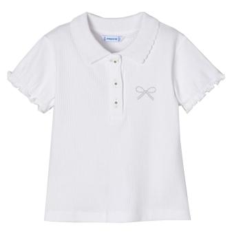 Mädchen Poloshirt kurzarm T-shirt, gerippt, Knöpfe, Schleife mit Strasssteinen, weiß - 3.126 