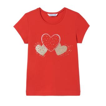 Mädchen T-shirt kurzarm, shirt, bedruckt "Herzen", Glitzersteine, rot - 854r 