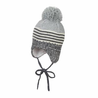 Baby Jungen Mütze Wintermütze Strick gefüttert gemustert mit Bommel zum Binden, grau - 4701846,Größe 51 51 | silber mel. | 