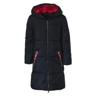 Mädchen Winterjacke Mantel gefüttert lang winddicht mit Kapzue, Reißverschluss und "rotes Blue Flame"-Schriftzug, dunkelblau – 39495 