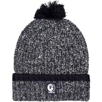 Jungen Kinder Wintermütze Strickmütze mit Umschlag, Bommel und Logobadge gemustert, blau - H15631 