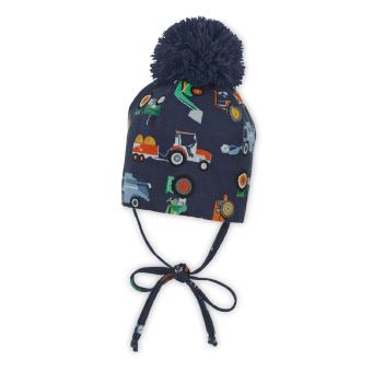 Baby Jungen Beanie gefüttert zum Binden Übergangsmütze mit Baumwollfleecefutter Mütze mit Bommel "bunte Traktoren" , marineblau - 4601900 