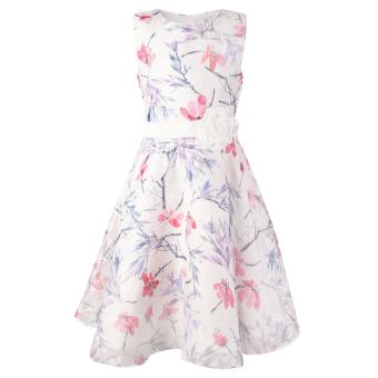 Mädchen Kleid kurzarm, festlich, bedruckt "Blüten", Bindegürtel mit Rose,  weiß - 514132 