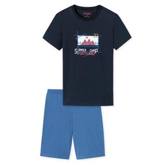 Jungen Schlafanzug kurzarm Sommer, T-shirt bedruckt "Summer Camp", Hose einfarbig, Single-Jersey, dunkelblau - 176636 