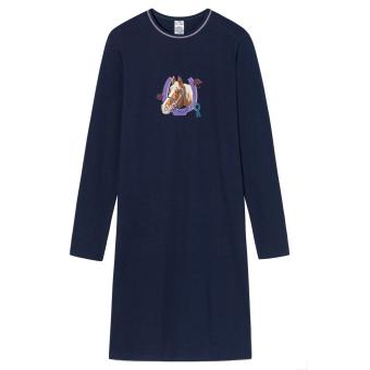 Schiesser Mädchen Sleepshirt langarm 100% Organic Cotton Brustprint "Pferd, Hufeisen",  dunkelblau - 177794 