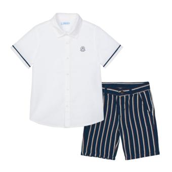 Jungen sommerliches Set Leinen Kurzarm Hemd Bermuda kurze Hose "gestreift", dunkelblau/weiß - 3244 