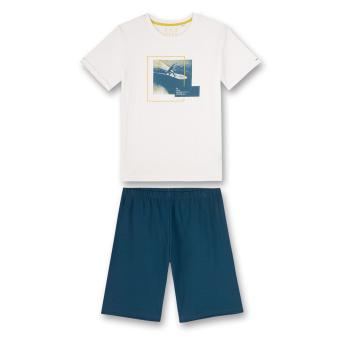 Jungen Schlafanzug kurz, bedruckt "Surfen", Hose einfarbig, 100% Baumwolle, weiß-blau - 245178 