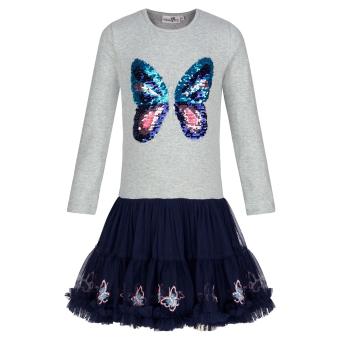 Mädchen Kleid Wintekleid langarm, mit Tüllrock, Pailletten, gemustert, "Schmetterling", hellgrau - 923169 