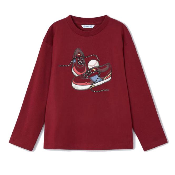 Mayoral Jungen Langarmshirt mit Frontprint "Schuhe" mit Schnürsenkel-Applikation, 100% Baumwolle, rot - 4040 