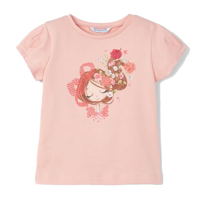 Mayoral Mädchen Kurzarm Shirt mit Frontprint "Mädchen" und Applikation, Steinchen, lachs - 3080 