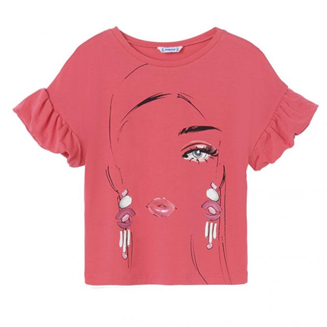 T-shirt Mädchen kurzarm, bedruckt "Frauengesicht", pink - 6025 