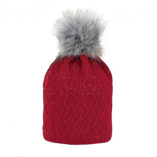 Mädchen Strickmütze mit Kunstpelz-Bommel und Baumwollfleece gefüttert einfarbig „Glanz“, rot – 4722019 