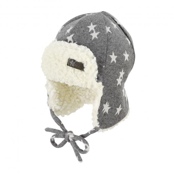 Baby Junge Wintermütze Fliegermütze gefüttert zum Binden "Sterne", eisengrau – 4602053 