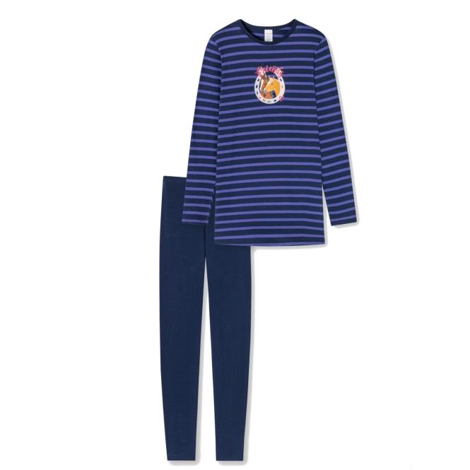 Schiesser Mädchen Schlafanzug in Ringel-Optik mit Frontprint "Pferd" und Leggings, blau - 179960 