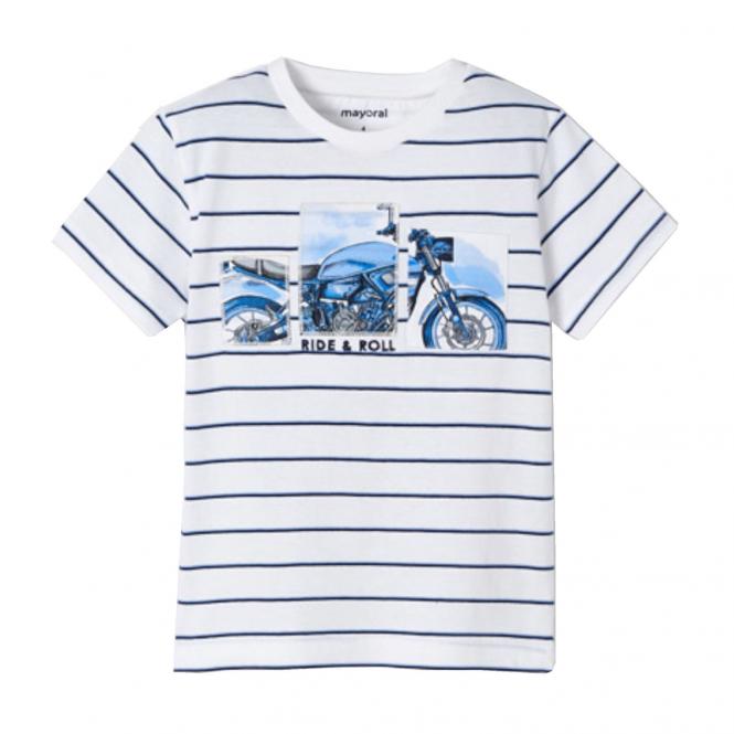 Jungen T-shirt kurzarm, bedruckt "Motorrad", blau-gestreift - 3.004 