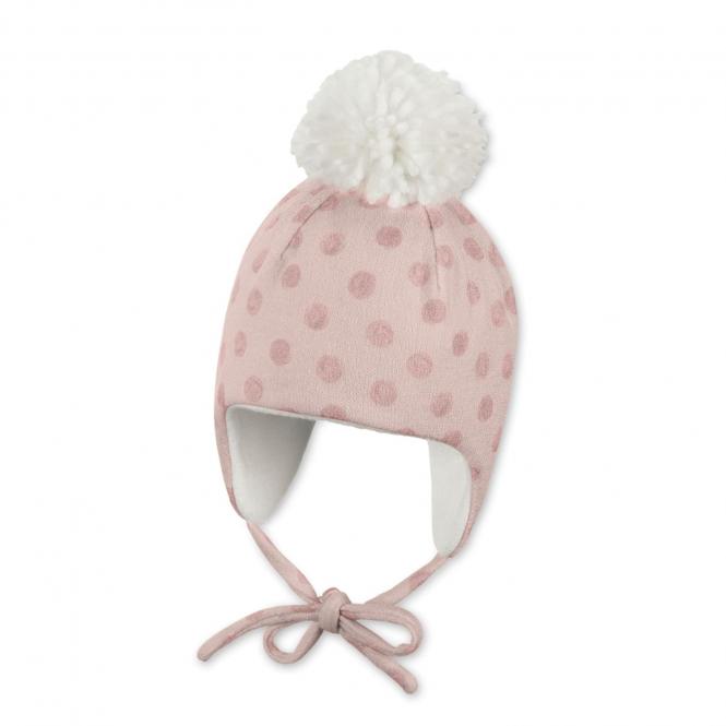 Baby Mädchen Wintermüze aus Baumwollfleece zum Binden gefüttert gepunktet mit Bommel, rosa - 4402130 