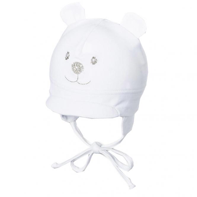 Baby Mädchen und Jungen Unisex Schirmmütze, Erstlingsmütze, Ohrenklappen, zum binden, Bindeband, gefüttert, Singlejersey, 3D Ohren, gesticktes Tiergesicht, weiß - 4001466-weiss 