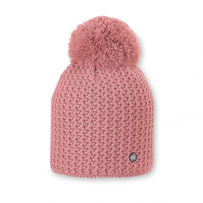 Mädchen Wintermütze Strick aus Baumwollflecce mit Bommel und Logobadge, rosa - 4722124 