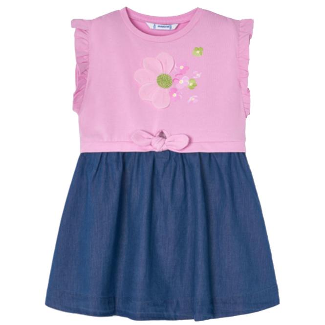 Mädchen Kleid kurzarm, bedruckt "Blume", Schleife, gerüschte Ärmel, rosa - 3.939 