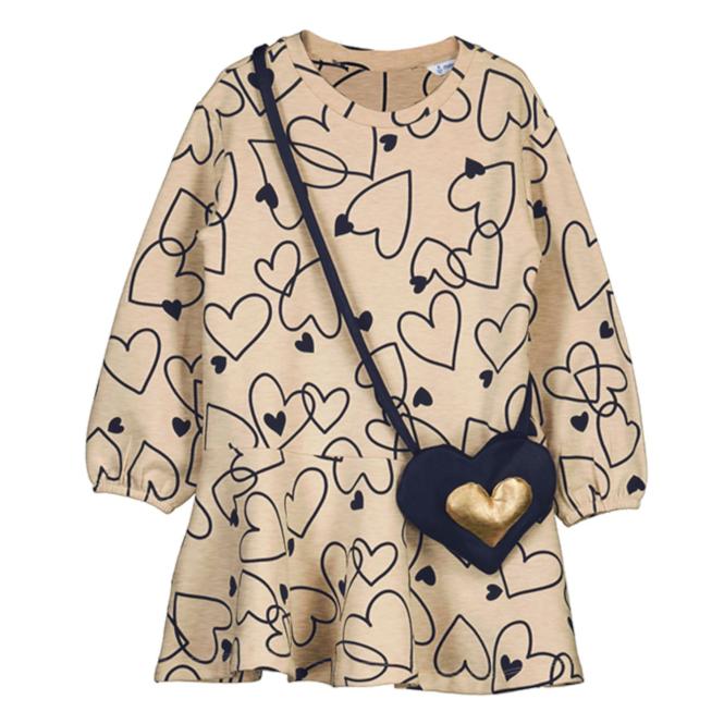 Mayoral Mädchen Langarm-Kleid mit "Herz"-Alloverprint und Umhängetasche - beige - 4931 