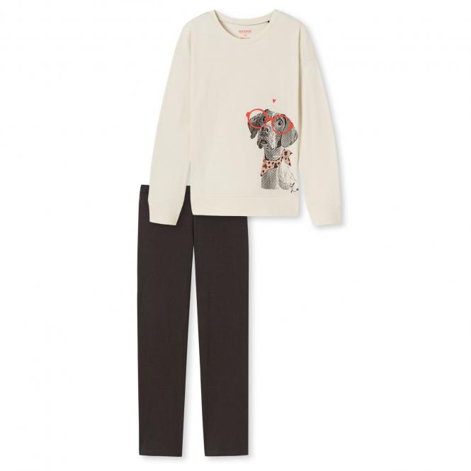 Mädchen Schlafanzug zweiteilig lang Organic Cotton mit Bündchen "modischen Hund"-Motiv, off-white - 175092 