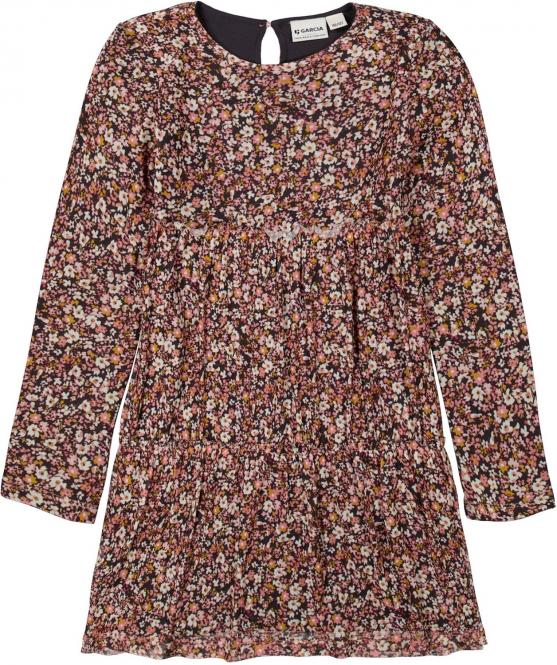Mädchen Kleid langarm kurz mit Rundkragen und Rüschen "allover Blumen", bunt - H14681 