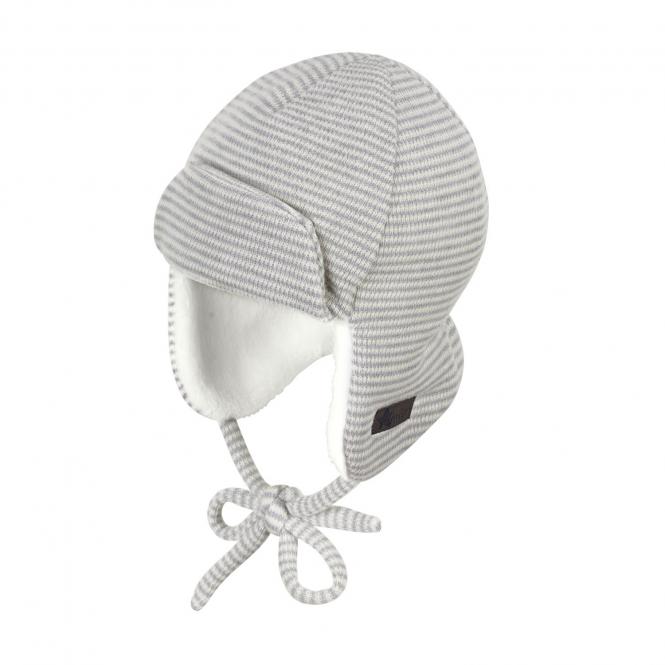 Baby Junge Wintermütze Fliegermütze gefüttert zum Binden gestreift, rauchgrau beige – 4602050 